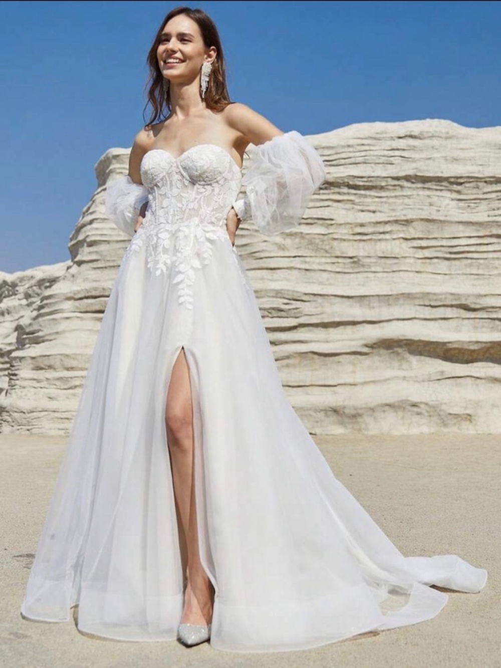 Beige Tulle Wedding Dress, Optional Puffy Sleeves Champagne Lining, High Slit